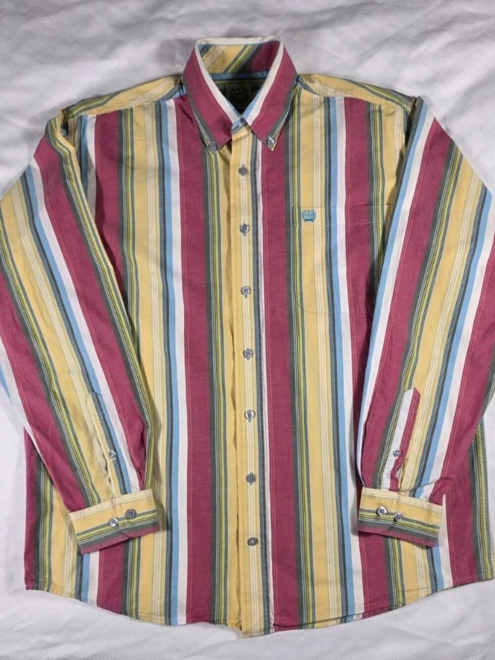 CINCH Men's Shirt Size S Striped Yellow Red Button Down Long Sleeve Flip Cuff
